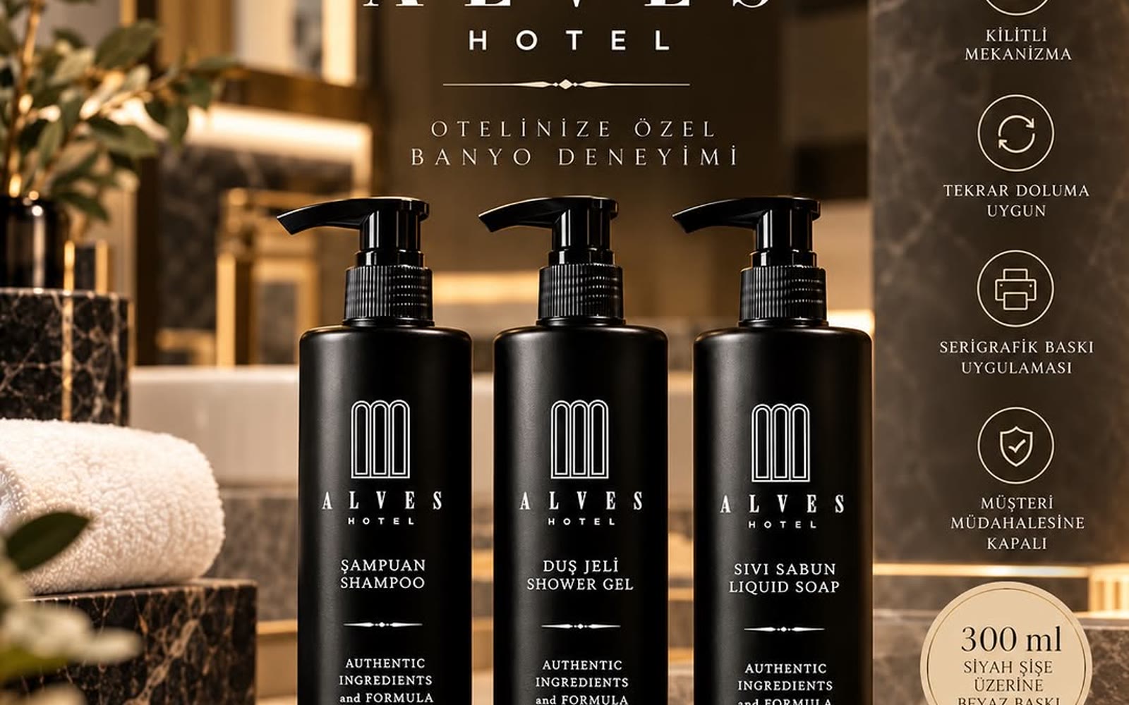Otele özel siyah Samtida dispenser seti